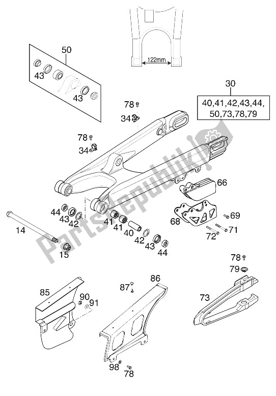 All parts for the Schwingarm 400/520 Racing 200 of the KTM 400 EXC Racing USA 2000