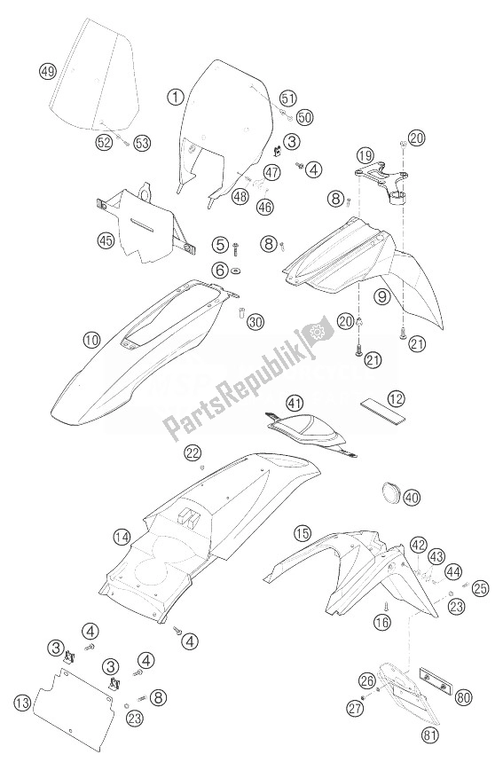 All parts for the Mask, Fenders 400 Mil. Of the KTM 400 LS E MIL Europe 9390D5 2004