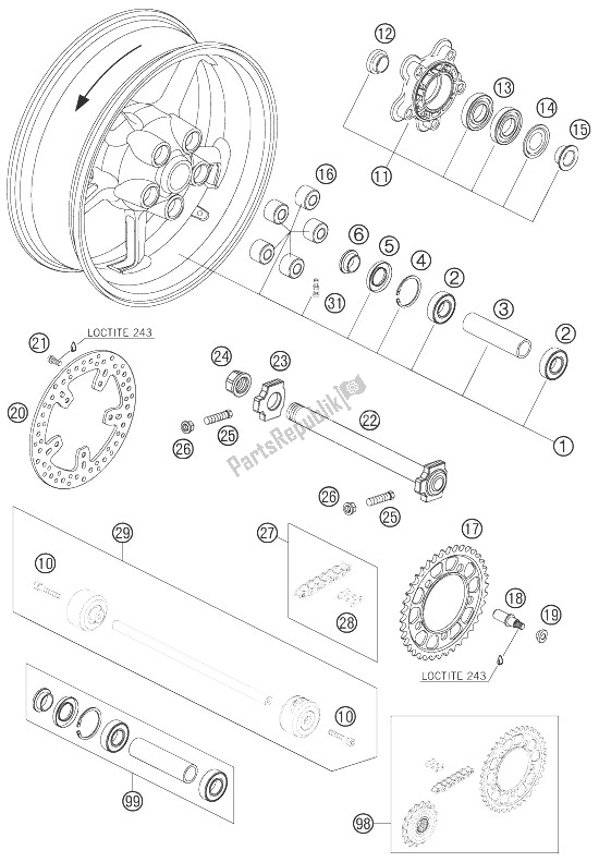 All parts for the Rear Wheel of the KTM 990 Super Duke R Australia United Kingdom 2007
