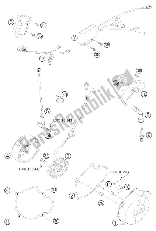 Tutte le parti per il Sistema Di Accensione 250 Exc, 400-525 Ex del KTM 250 EXC Racing Europe 2005