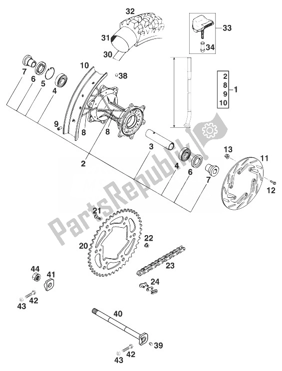 All parts for the Rear Wheel 400/540 Sxc '98 of the KTM 400 SX C Europe 1998