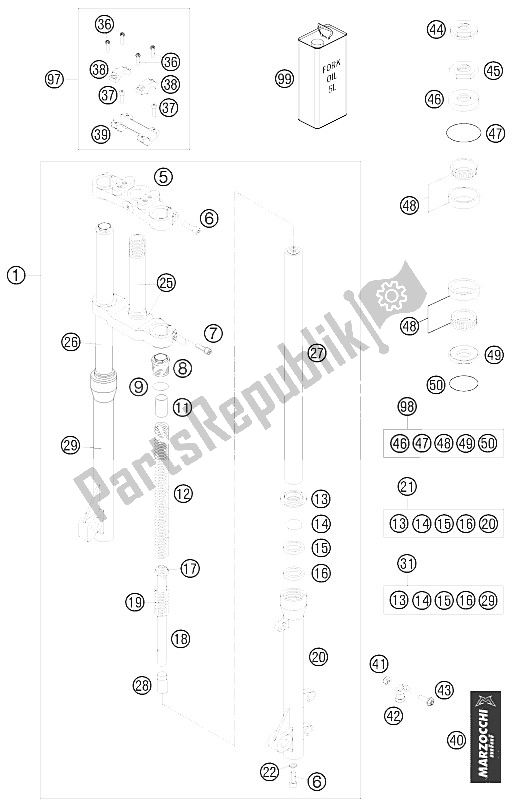 Tutte le parti per il Forcella Anteriore, Pinza Tripla del KTM 50 SX Europe 6001H4 2008