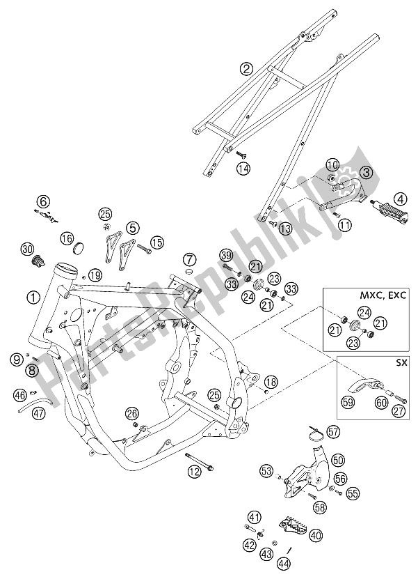 All parts for the Frame, Subframe 125-380 2002 of the KTM 125 EXC Australia 2002