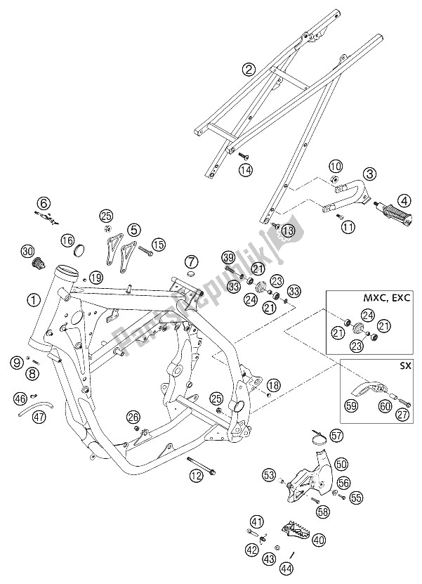 Alle onderdelen voor de Frame, Subframe 125-380 2002 van de KTM 125 EXC SIX Days Europe 2002