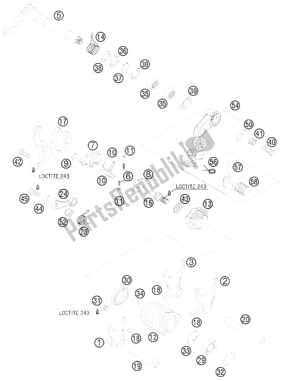 All parts for the Shifting Mechanism of the KTM 125 EXC Europe 2009