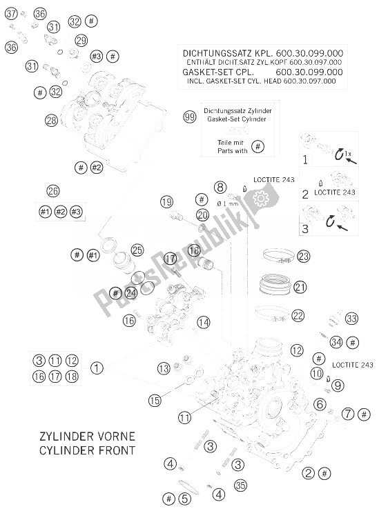 Tutte le parti per il Testata Anteriore del KTM 990 Super Duke Olive ME Europe 2010