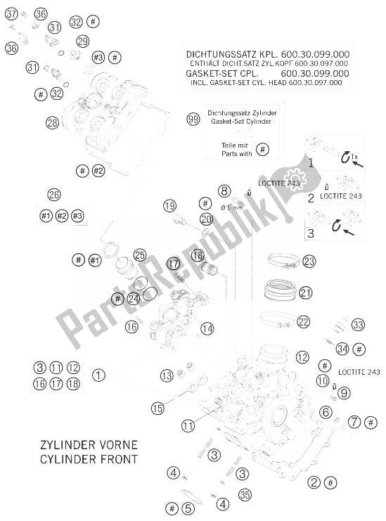 All parts for the Cylinder Head Front of the KTM 990 Super Duke Orange Europe 2010