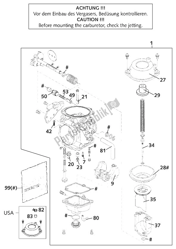 Alle onderdelen voor de Carburator van de KTM 640 LC 4 Super Moto USA 2001