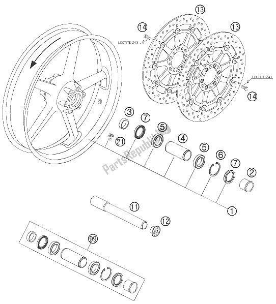 All parts for the Front Wheel of the KTM 990 Superduke Black Japan 2005