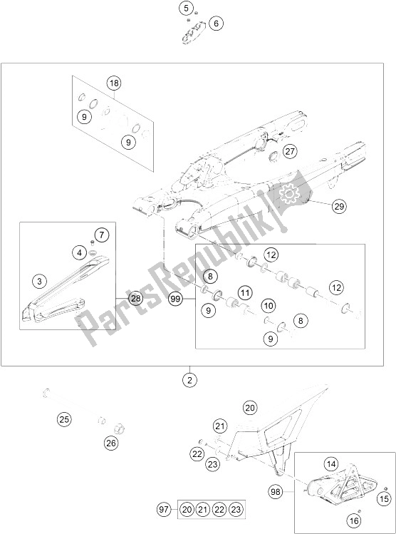 All parts for the Swingarm of the KTM 500 EXC Europe 2015