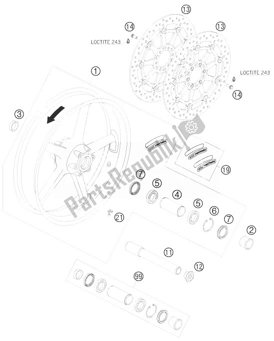 All parts for the Front Wheel of the KTM 990 Super Duke Olive ME France 2010