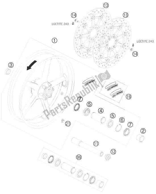 All parts for the Front Wheel of the KTM 990 Super Duke Orange Europe 2010