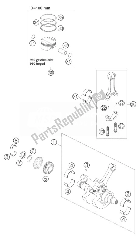 All parts for the Crankshaft, Piston Lc8 of the KTM 950 Adventure Silver Europe 2003