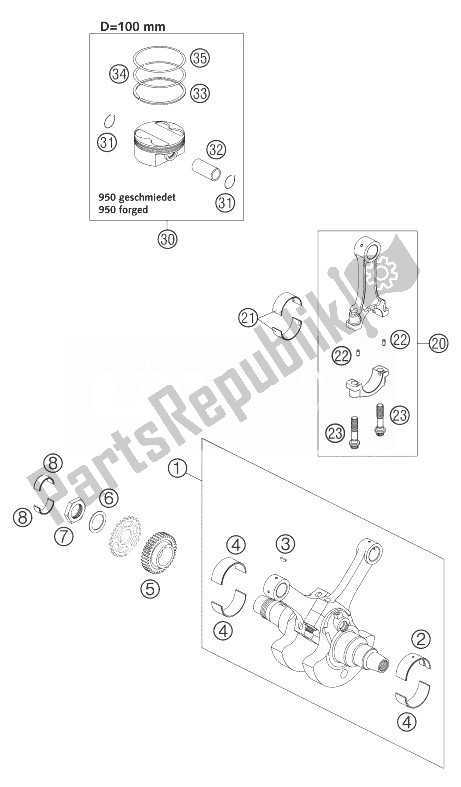 Tutte le parti per il Albero Motore, Pistone Lc8 del KTM 950 Adventure Silver USA 2003