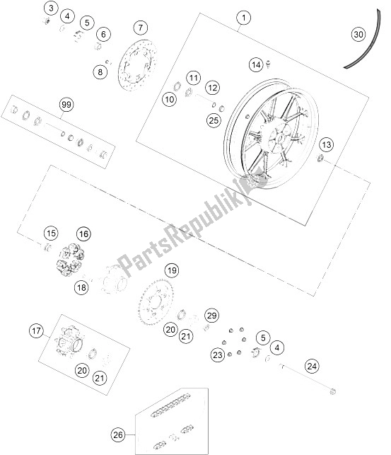 All parts for the Rear Wheel of the KTM 200 Duke WH W O ABS CKD 15 Brazil 2015