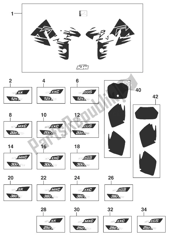 Tutte le parti per il Set Di Adesivi 125-380 '99 del KTM 300 MXC 12 LT 99 USA 1999