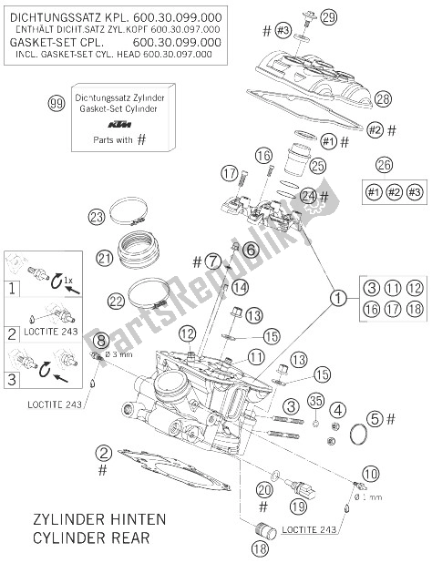 All parts for the Cylinder Head Rear of the KTM 950 Supermoto Orange 07 USA 2007