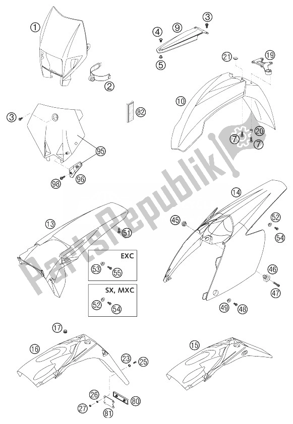 All parts for the Fender 125/200 of the KTM 125 EXC Europe 2003