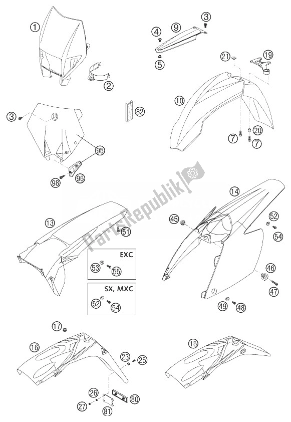 Todas as partes de Fender 125/200 do KTM 200 EXC United Kingdom 2003