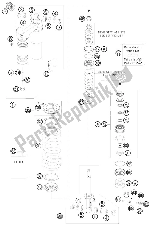 All parts for the Shock Absorber Disassembled of the KTM 950 Super Enduro R Australia United Kingdom 2008