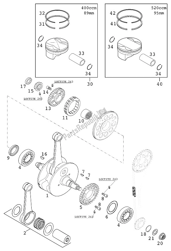 Tutte le parti per il Albero Motore - Pistone 400/520 Ra del KTM 520 EXC Racing Europe 2000