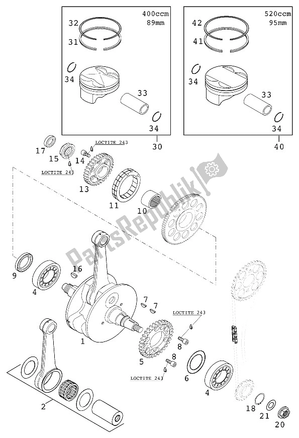 All parts for the Crankshaft - Piston 400/520 Ra of the KTM 520 EXC Racing USA 2000