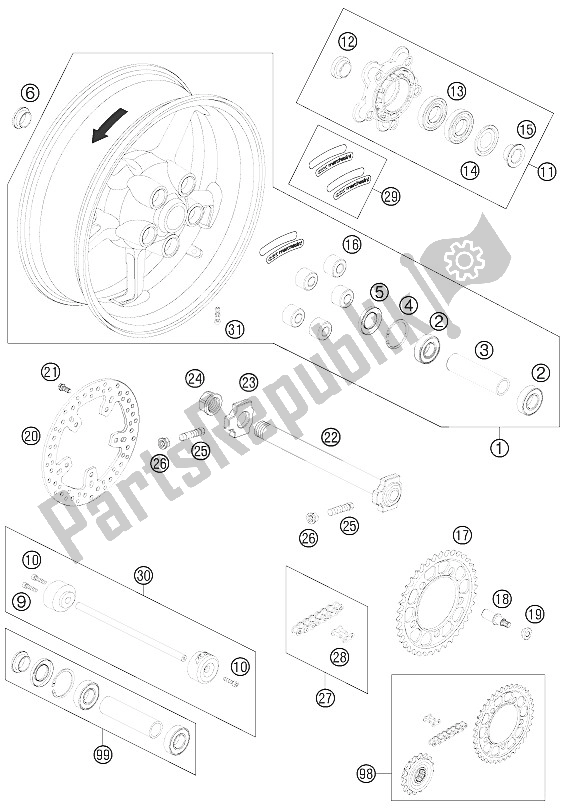 All parts for the Rear Wheel of the KTM 990 Super Duke R Australia United Kingdom 2011