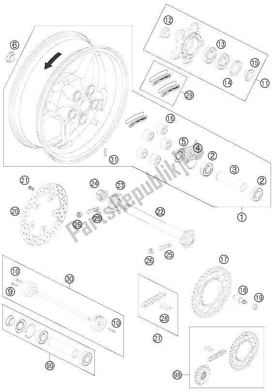 All parts for the Rear Wheel of the KTM 990 Super Duke R Europe 2011