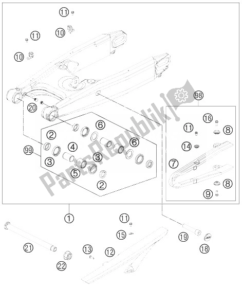 All parts for the Swing Arm of the KTM 990 Super Duke R Europe 2013