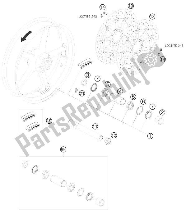 All parts for the Front Wheel of the KTM 1190 RC 8 White Australia 2009