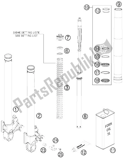 All parts for the Front Fork Dissassembled of the KTM 990 Superm T Black ABS Australia United Kingdom 2012