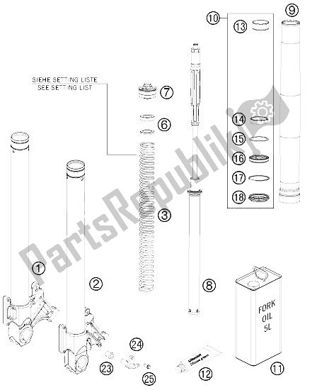 All parts for the Front Fork Dissassembled of the KTM 990 Superm T Orange ABS Europe 2012