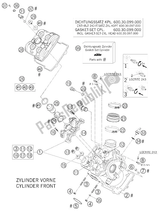 Todas as partes de Frente Da Cabeça Do Cilindro do KTM 950 Supermoto Black USA 2006