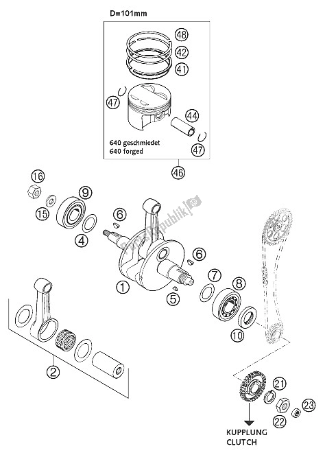 All parts for the Crakshaft, Piston 640 Lc4 2002 of the KTM 640 Duke II Orange USA 2002