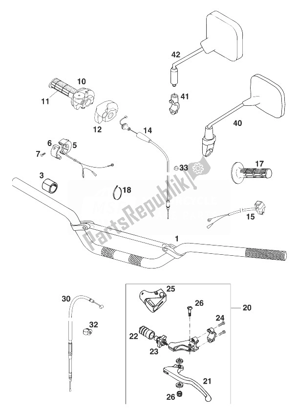 Todas as partes de Guiador - Controles 250-380 '98 do KTM 380 EGS 8 KW Europe 1998