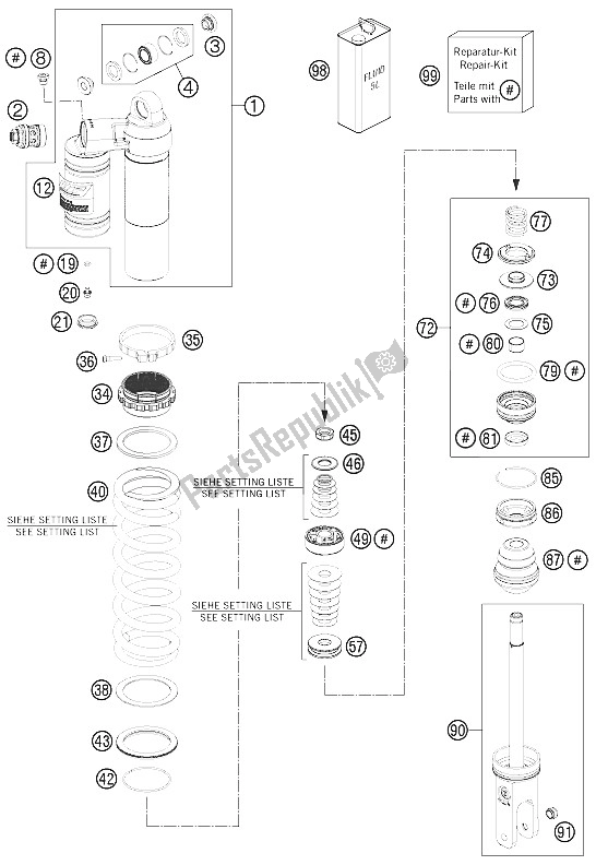 All parts for the Shock Absorber Disassembled of the KTM 250 SX F Europe 2012