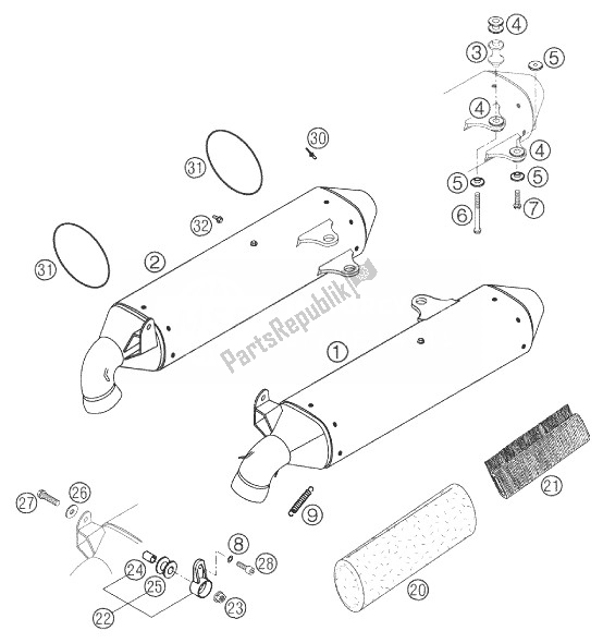 Toutes les pièces pour le Silencieux 640 Duke Ii du KTM 640 Duke II Black Europe 2004