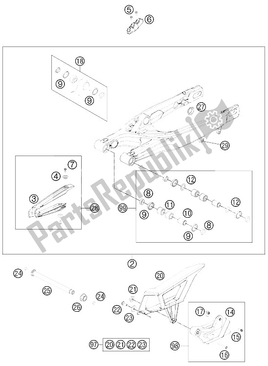 All parts for the Swing Arm of the KTM 200 EXC Europe 2011