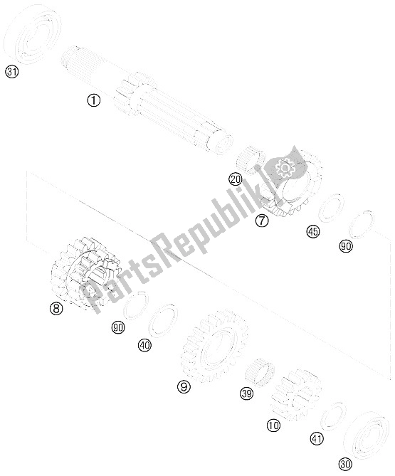 All parts for the Transmission I - Main Shaft of the KTM 250 SX F USA 2009