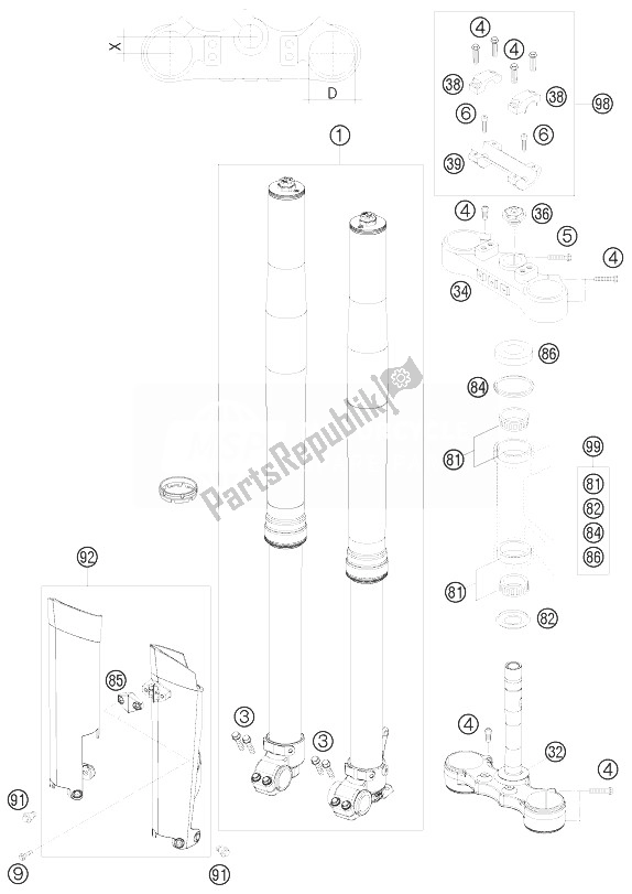 All parts for the Front Fork, Triple Clamp of the KTM 250 EXC F Europe 2010