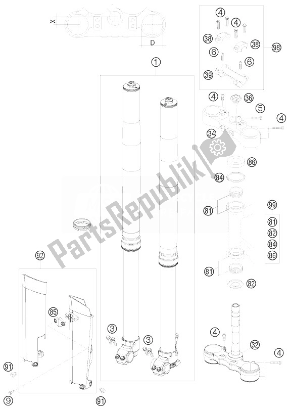 All parts for the Front Fork, Triple Clamp of the KTM 450 EXC Europe 2010