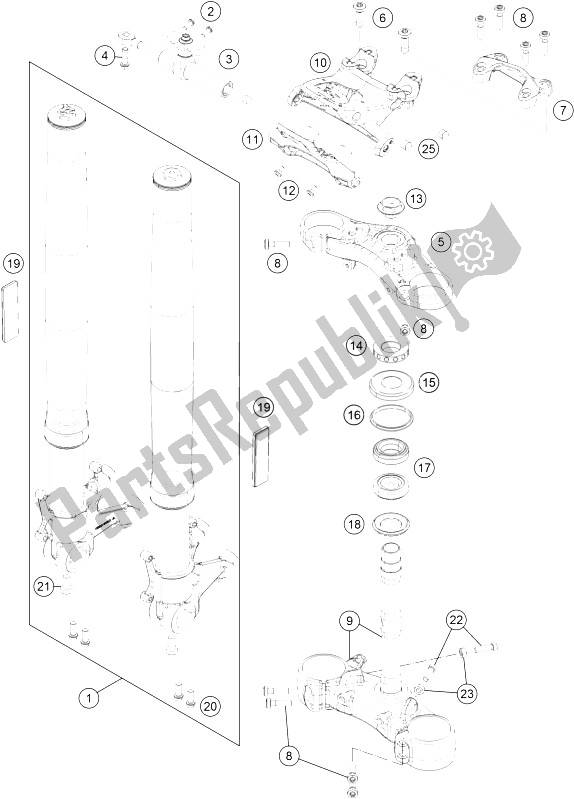 All parts for the Front Fork, Triple Clamp of the KTM 1290 Superduke R Orange ABS 16 China 2016