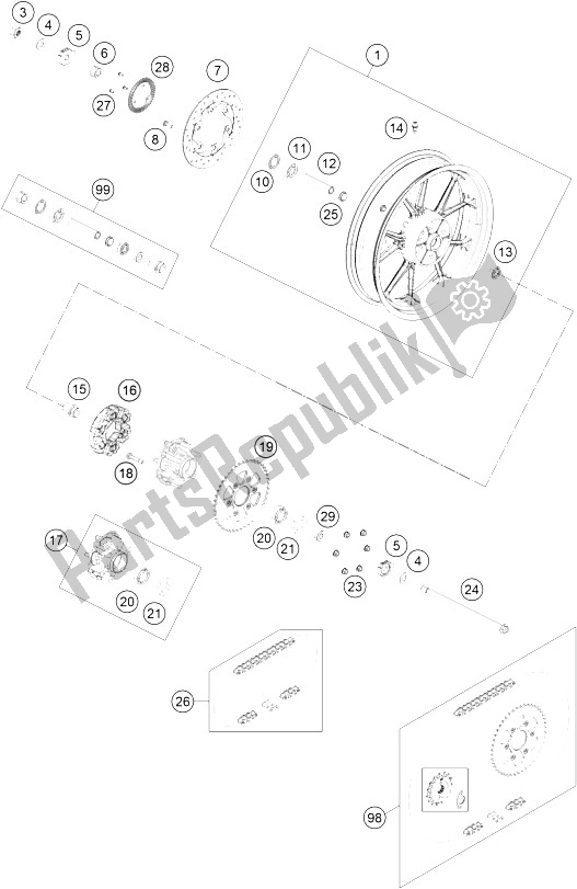 Toutes les pièces pour le Roue Arrière du KTM 390 Duke White ABS B D 15 Europe 2015