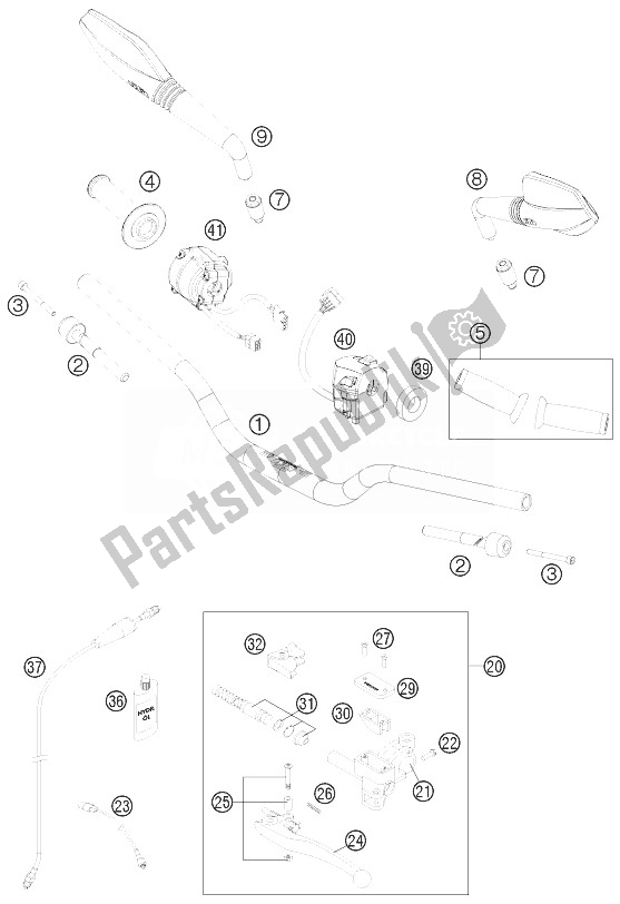 All parts for the Handlebar, Controls of the KTM 690 Duke R ABS Europe 2013