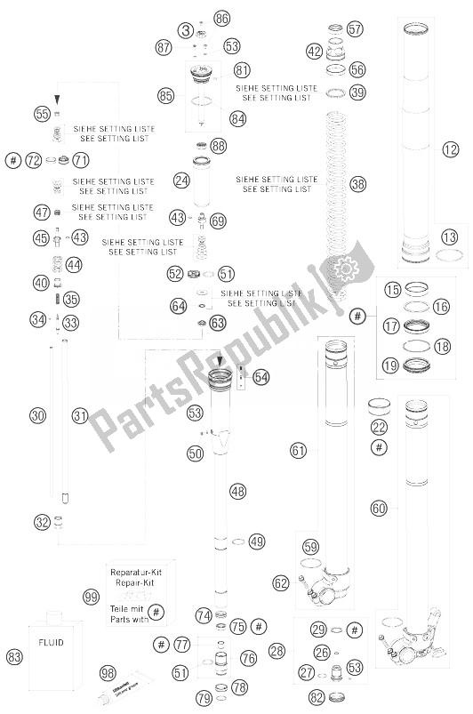 All parts for the Front Fork Disassembled of the KTM 144 SX USA 2007