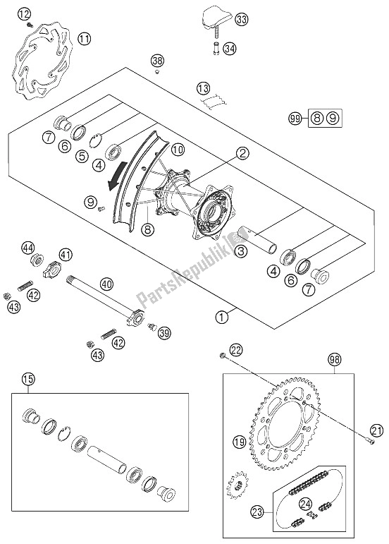 All parts for the Rear Wheel of the KTM 250 XC Europe USA 2012