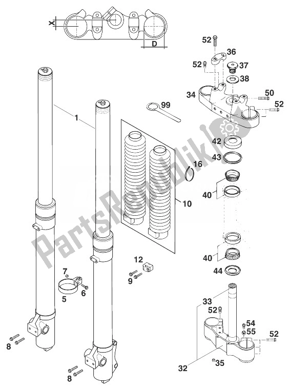 Tutte le parti per il Forcella Anteriore - Attacco Manubrio Marzocchi 45 125-200 del KTM 125 EXC 99 Europe 1999