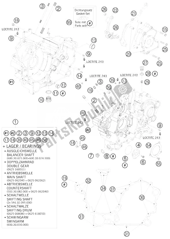 All parts for the Engine Case of the KTM 990 Super Duke Orange France 2010