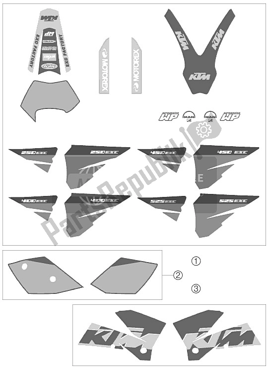 All parts for the Decal of the KTM 250 EXC Factory Europe 2005