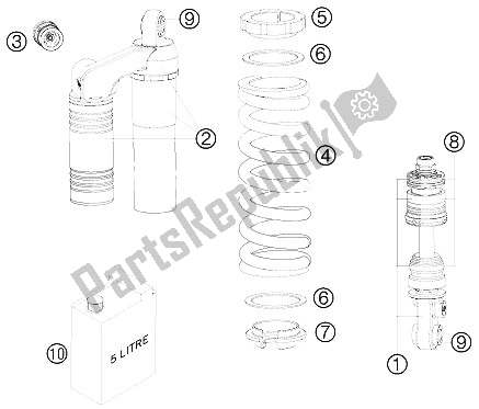 All parts for the Shock Absorber Disassembled of the KTM 990 Supermoto Black Australia United Kingdom 2008